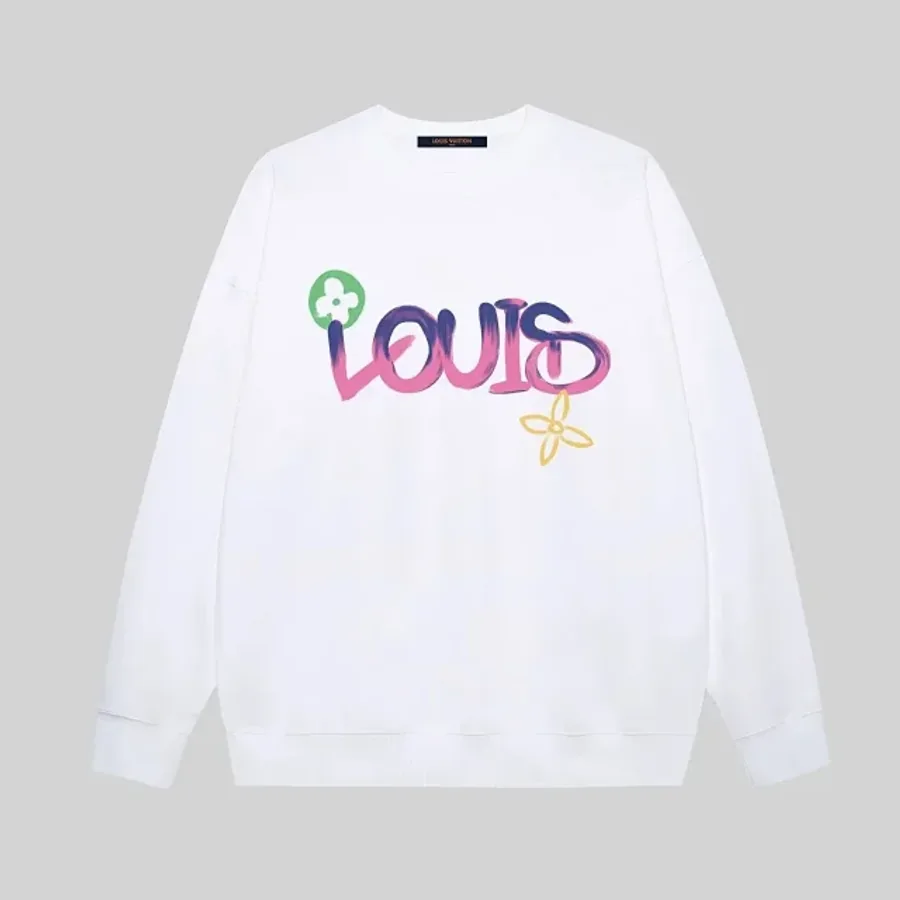 Complete white graphic sweatshirt displayed against a neutral grey background